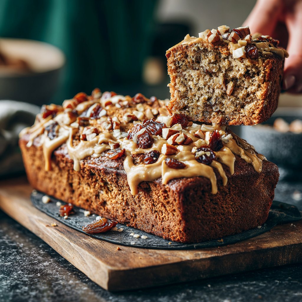 Bananenbrot mit Mandelmus und Datteln