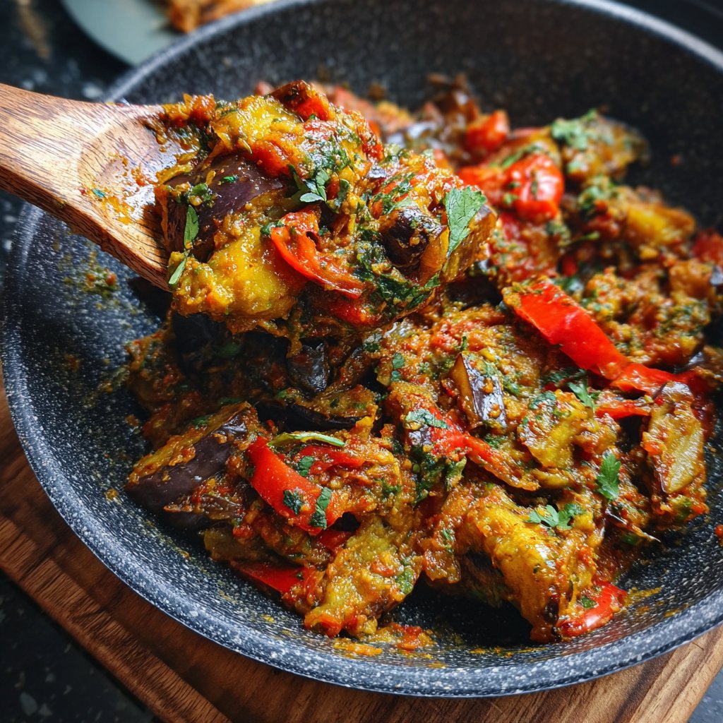 Auberginenpfanne würzig abgeschmeckt